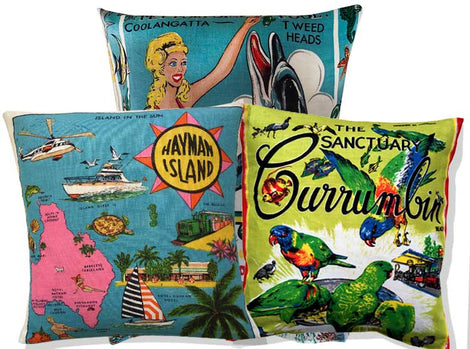 MARCH SALE: Queensland retro souvenir teatowel cushion covers