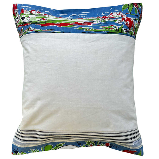 Reverse of 1959-60 Calendar teatowel cushion cover with a colorful floral border on white background