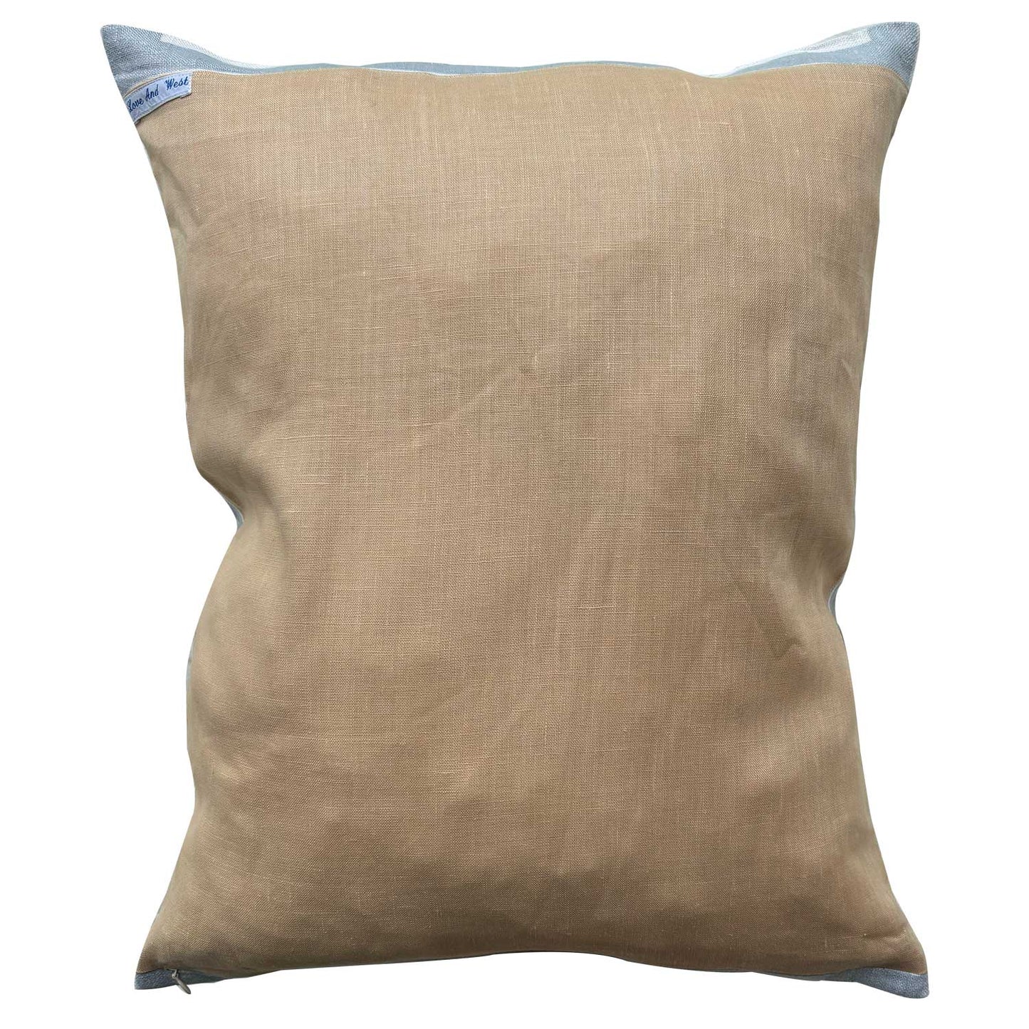 Pale pink linen reverse of decorative pillow with budgies design on a pastel grey background. photographed on white background for Love And West