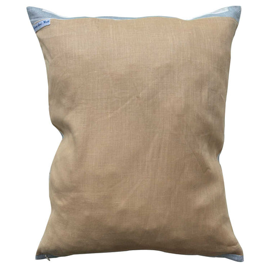 Pale pink linen reverse of decorative pillow with budgies design on a pastel grey background. photographed on white background for Love And West