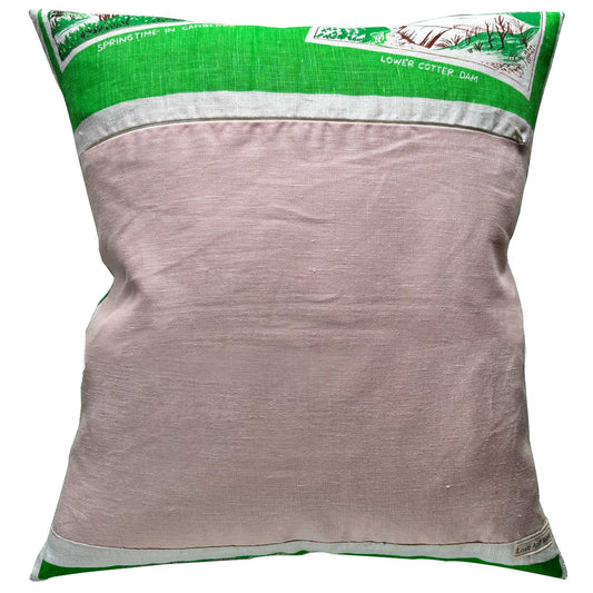 Canberra souvenir teatowel cushion cover blush linen reverse, on white background