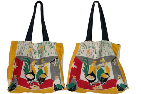 Chickens Teatowel Tote bag. Image shows 2 side view. on white background