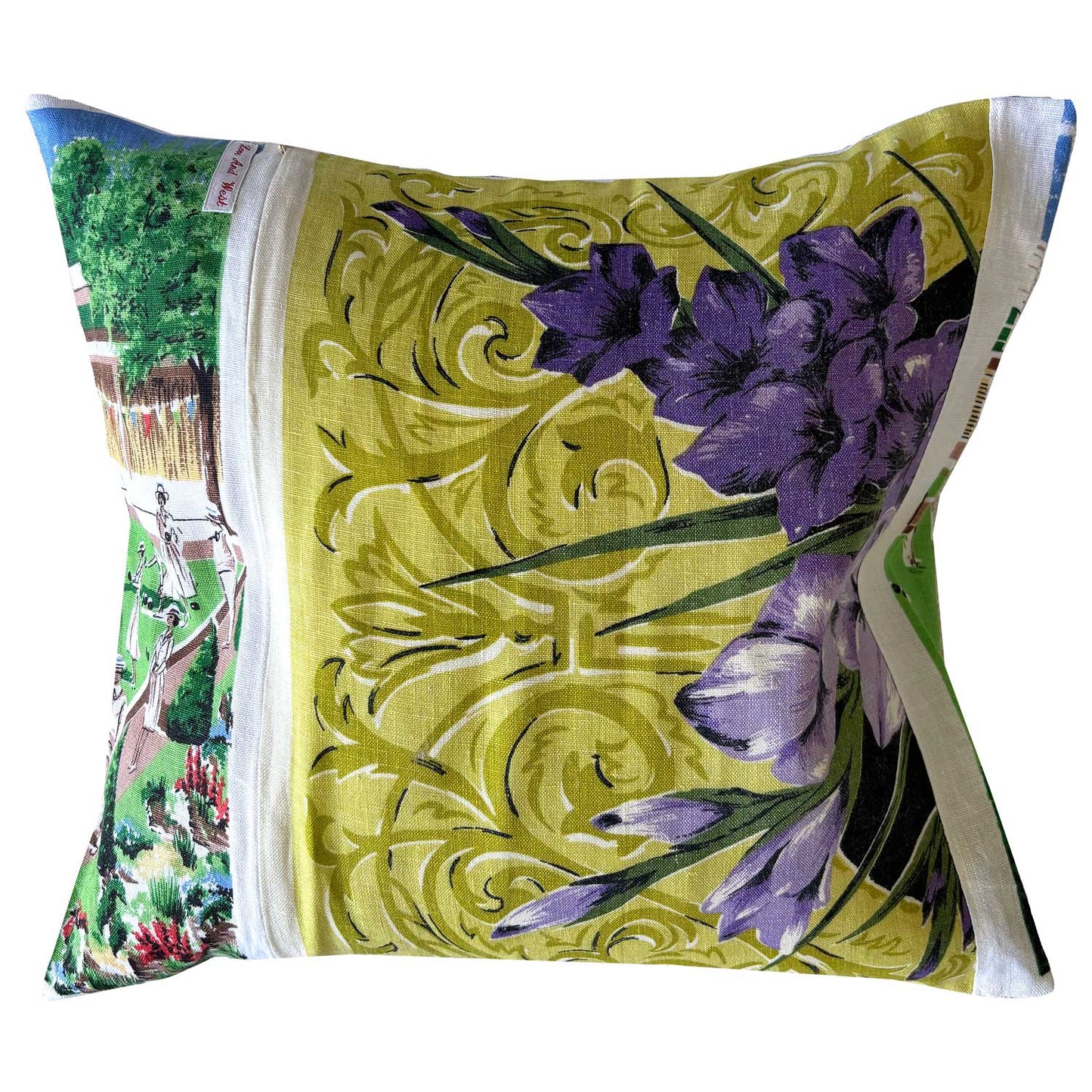 Decorative vintage linen teatowel pillow 'Greetings from Drayton Bowls Club (Drayton)' reversed with iris florals vintage teatowel on white background