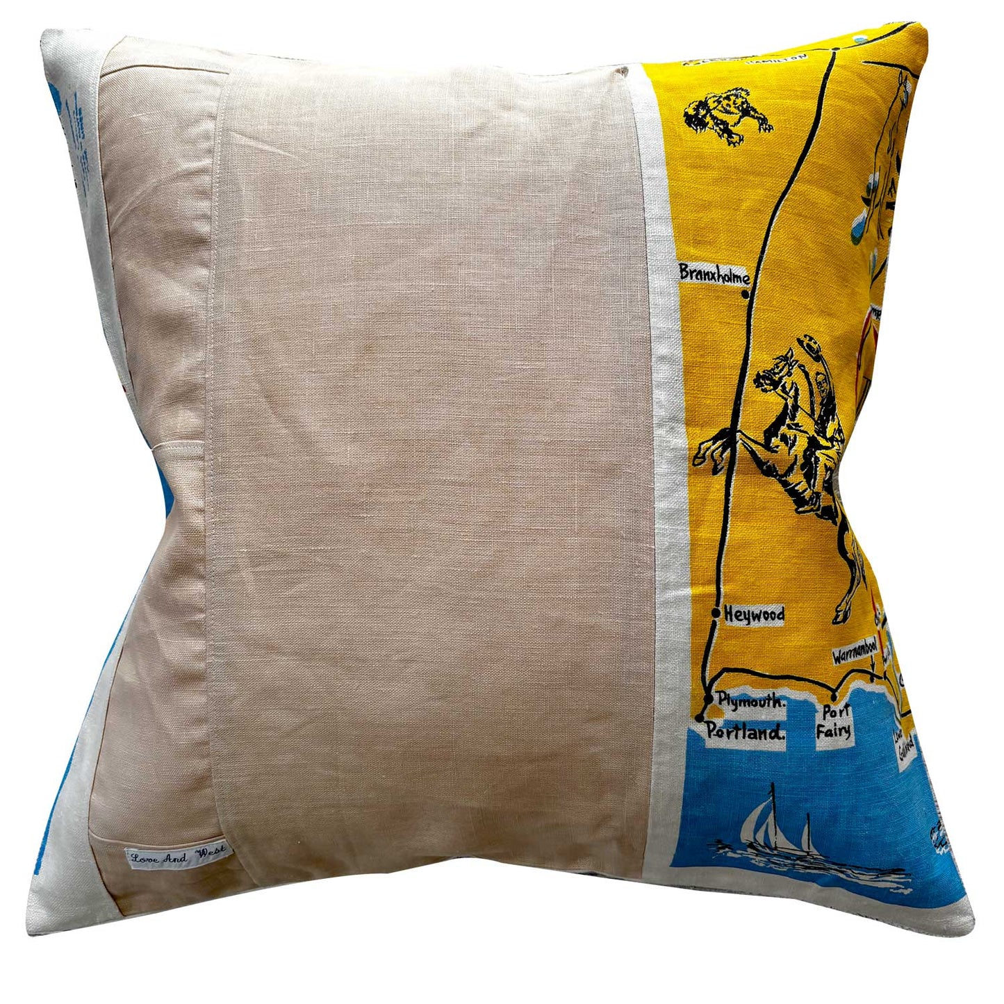 Geelong Map pillow reverse with illustrations and text on a yellow and blue background on white