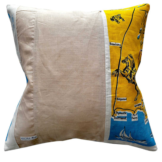 Geelong Map pillow reverse with illustrations and text on a yellow and blue background on white