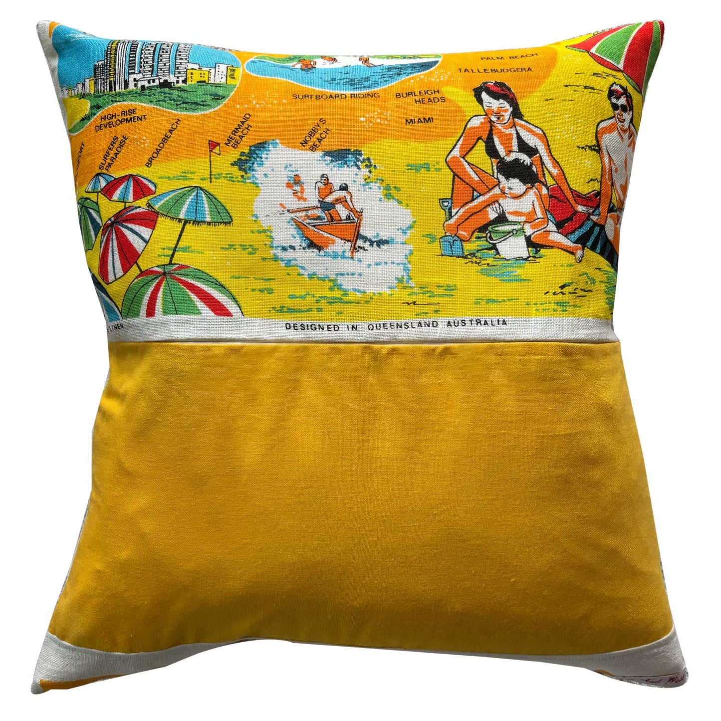 Colourful gold coast vintage teatowel cushion cover, yellow linen reverse, on white background