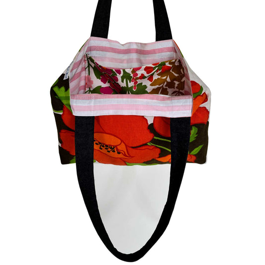 Poppies on creamy linen vintage teatowel tote