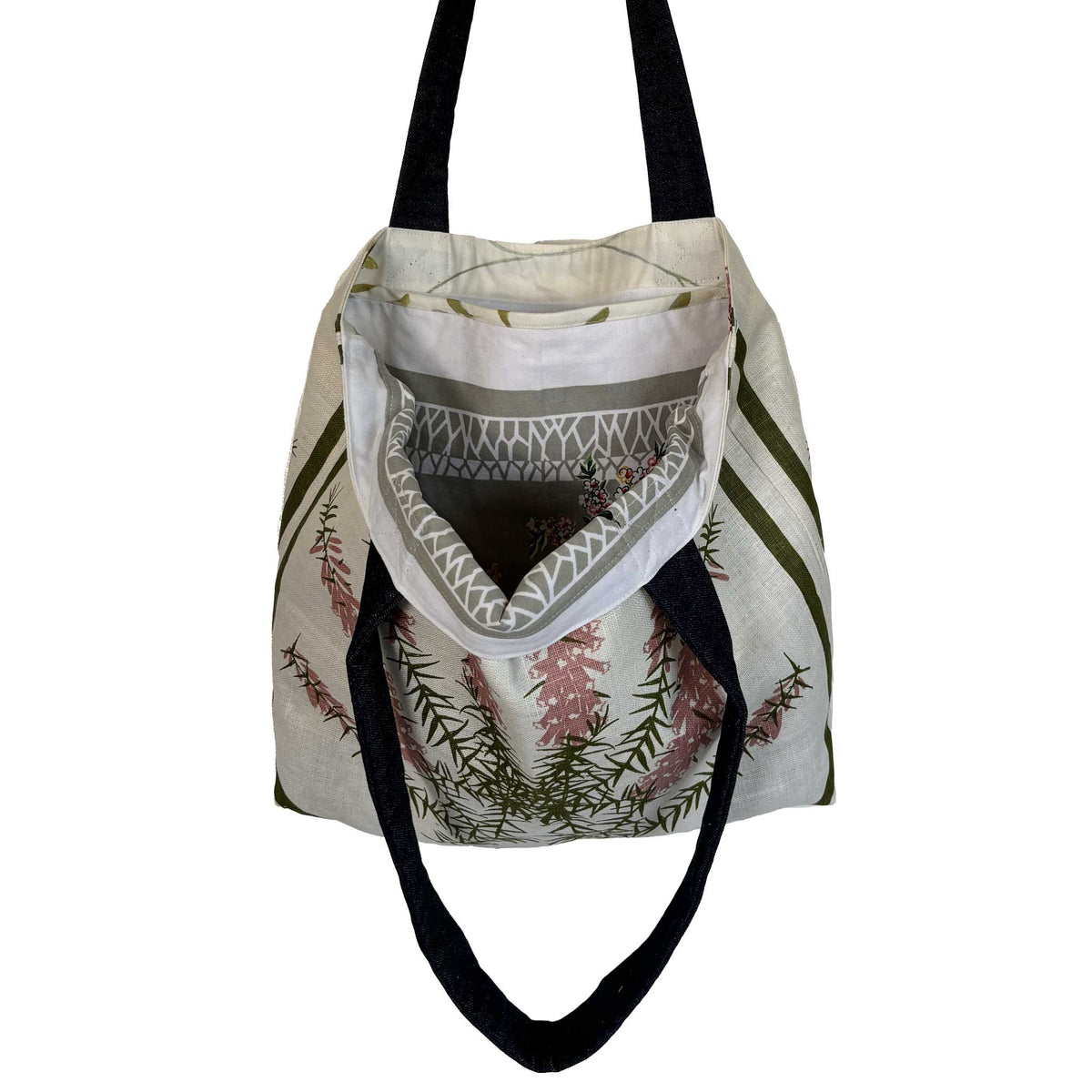 Pink heath flowers tea towel tote