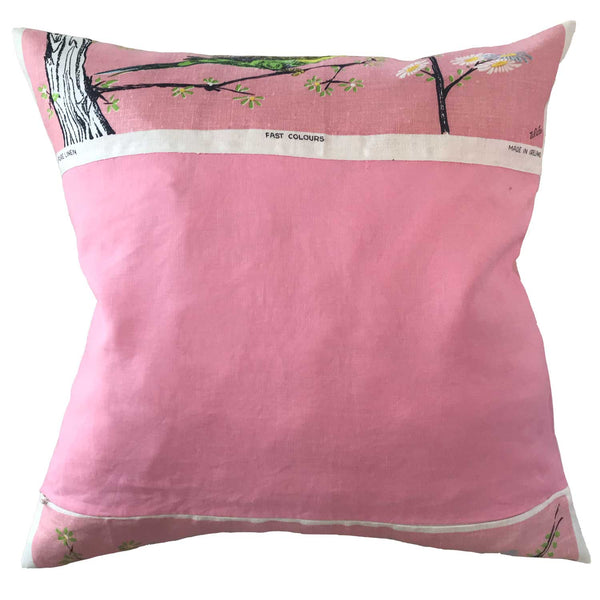 Pink budgerigar vintage linen teatowel cushion cover on white background