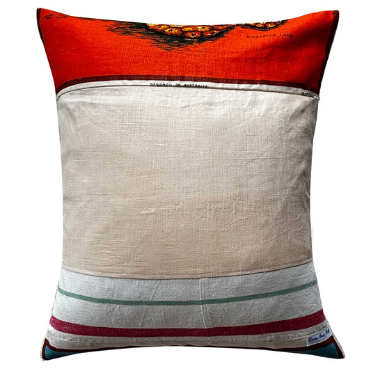 Decorative vintage linen teatowel pineapple farm pillow 'greetings from Coolangatta', on white background
