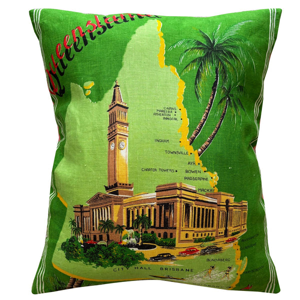 Queensland and Brisbane City Hall souvenir teatowel cushion cover on white background