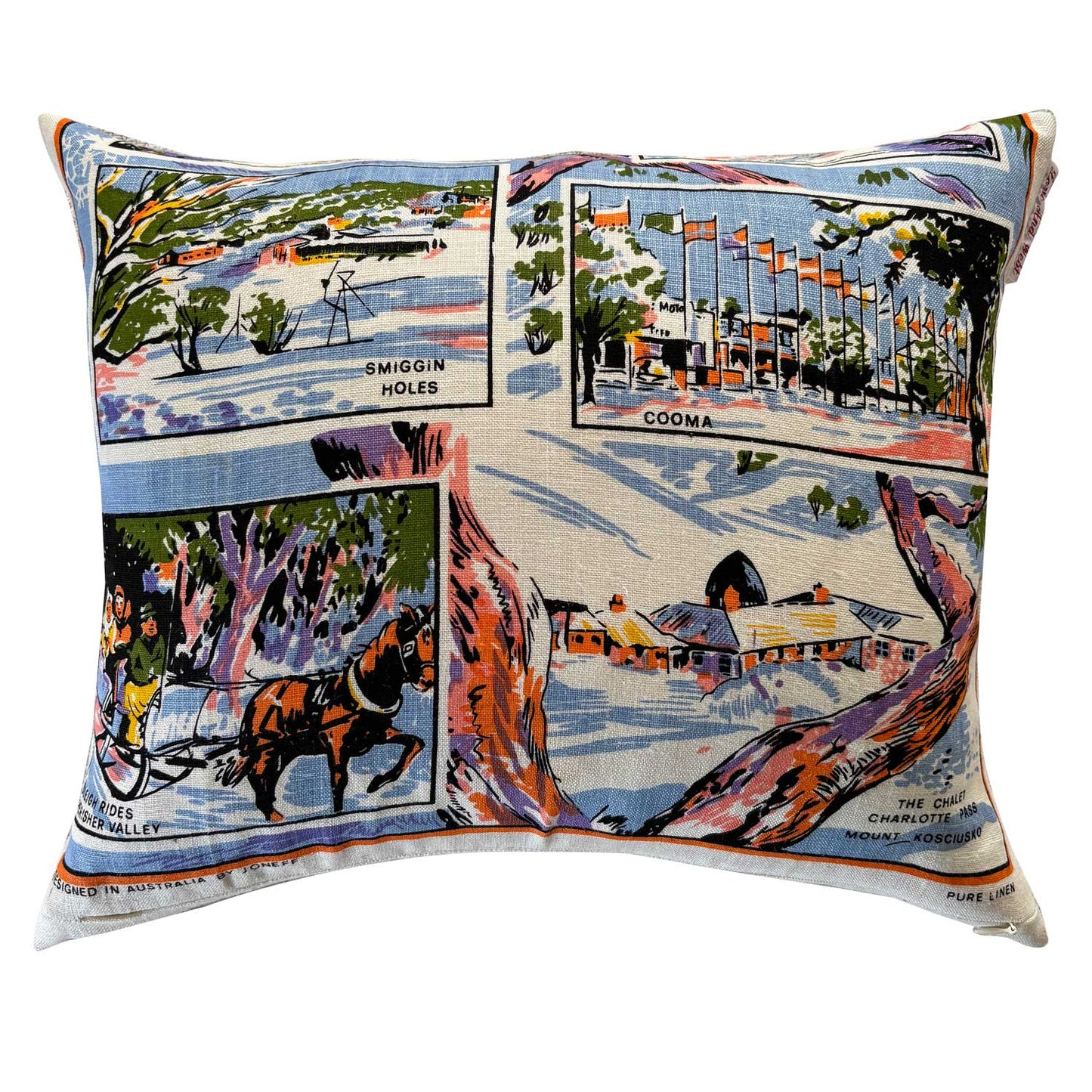 Snowy Mountains souvenir teatowel cushion cover on white background
