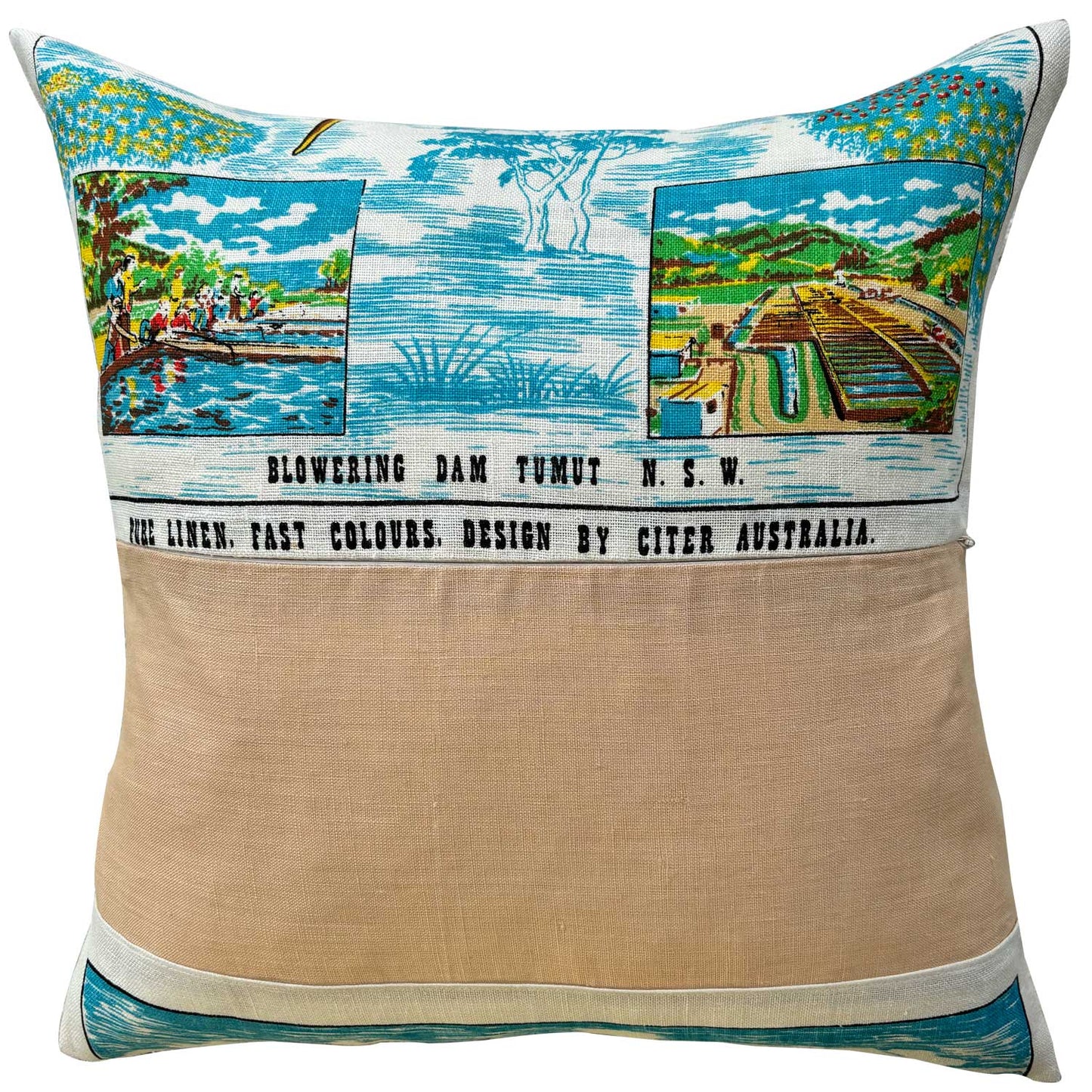 Decorative 'Snowy Mountains Trout Farm' teatowel cushion cover, reverse, on a white background.