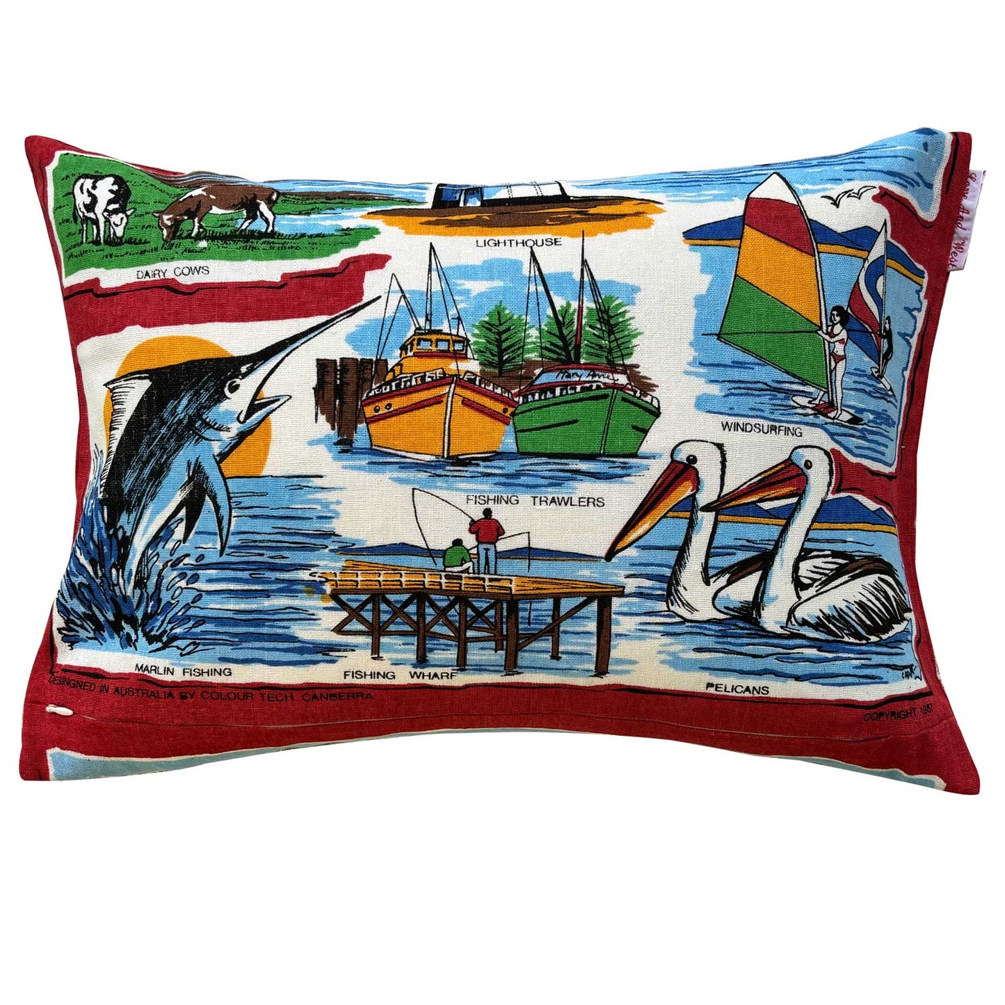 South Coast NSW vintage teatowel cushion cover featuring scenic illustrations on white background.