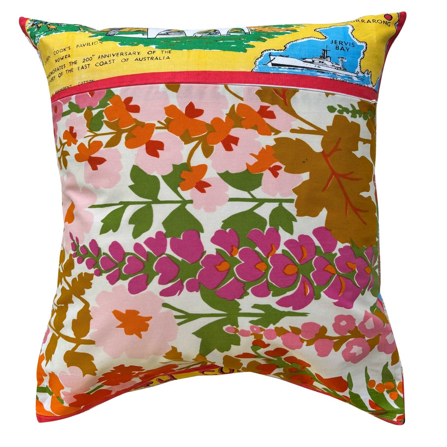 Reverse of Decorative pillow repurposed from a colourful South Coast teatowel, featuring scenes, landmark and map, on white background