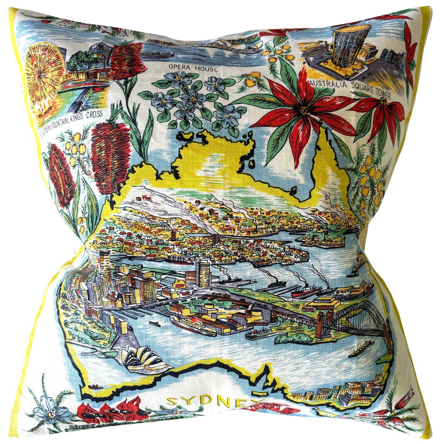 Sydney vintage linen teatowel cushion cover on white background