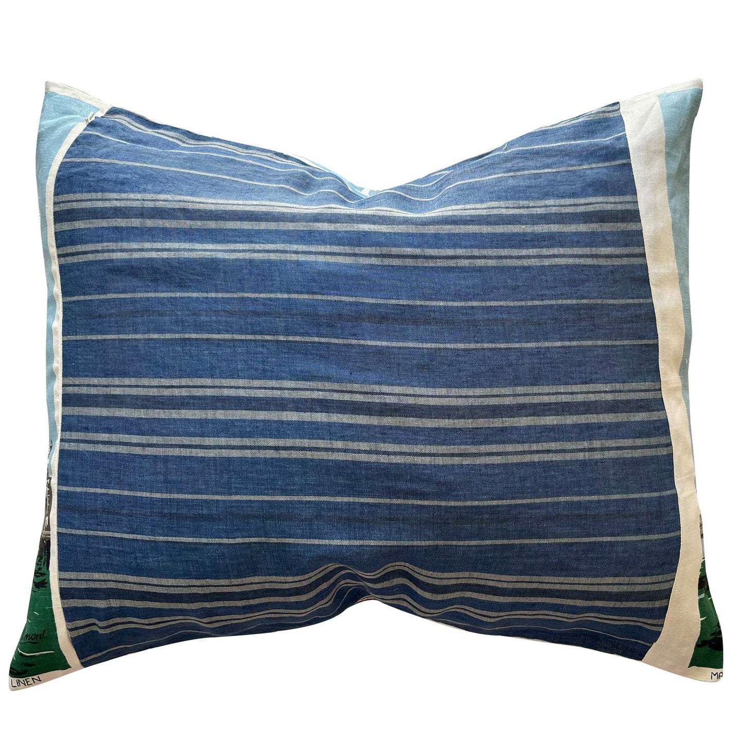 Linen stripe reverse of Decorative vintage linen teatowel pillow with Tower Bridge and Thames River design on white background