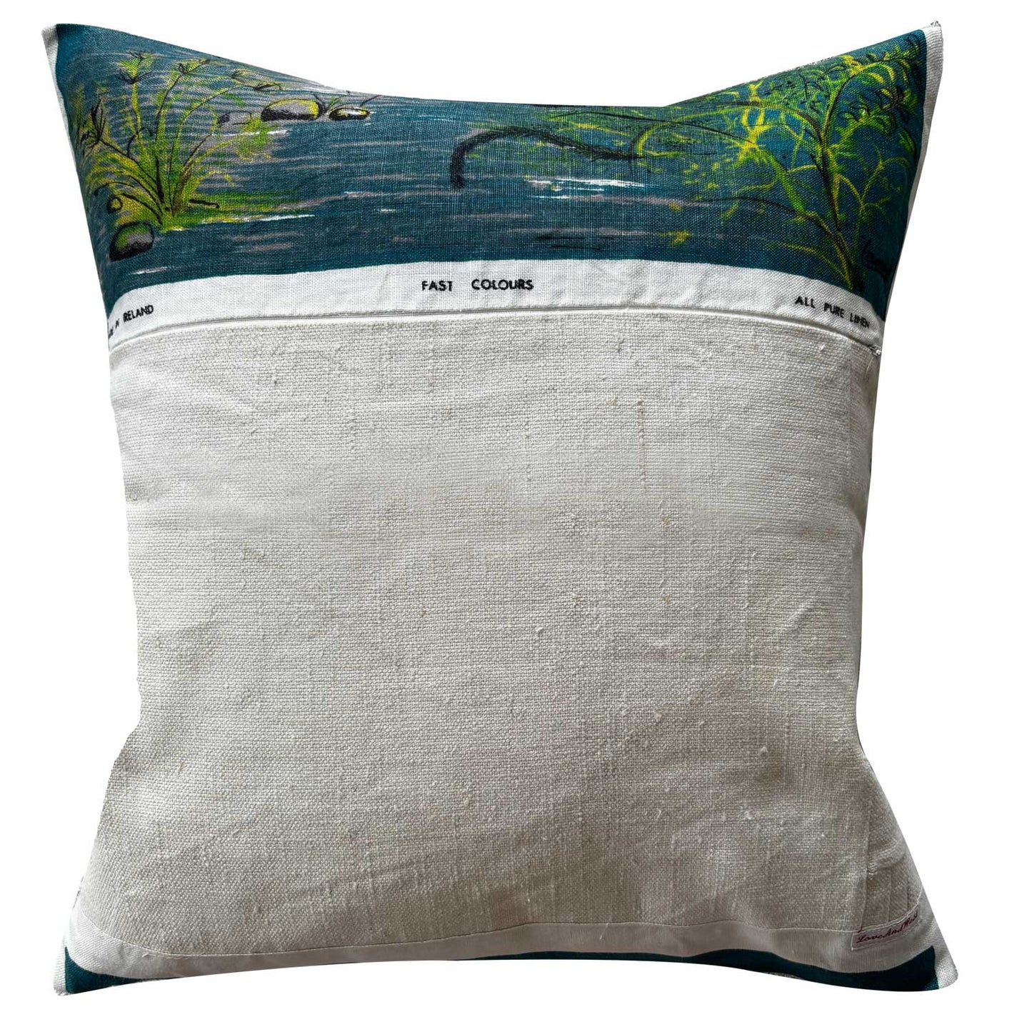 Trout fishing and fishing flies vintage teatowel cushion cover, reverse, on white background