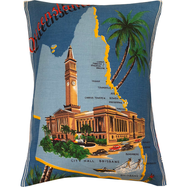 Queensland and Brisbane City Hall souvenir teatowel cushion cover on white background