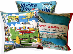 Retro vintage souvenir teatowel cushions from South Australia