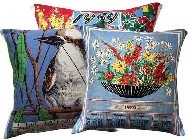 Retro mid century calendar teatowel cushions. Great birthday gifts