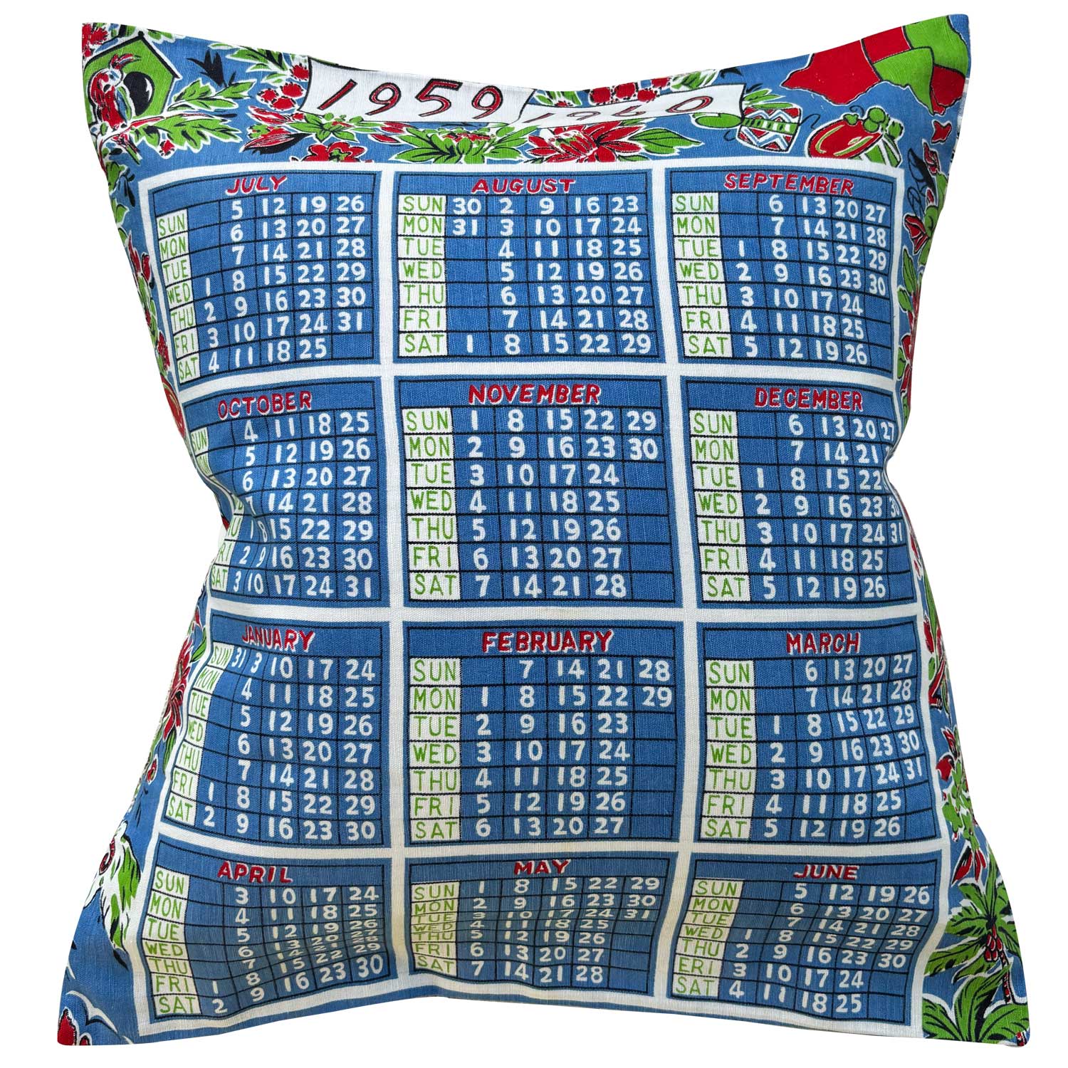 1959-60 Calendar teatowel cushion cover with a colorful floral border on white background