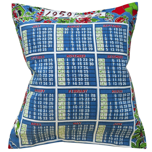 1959-60 Calendar teatowel cushion cover with a colorful floral border on white background