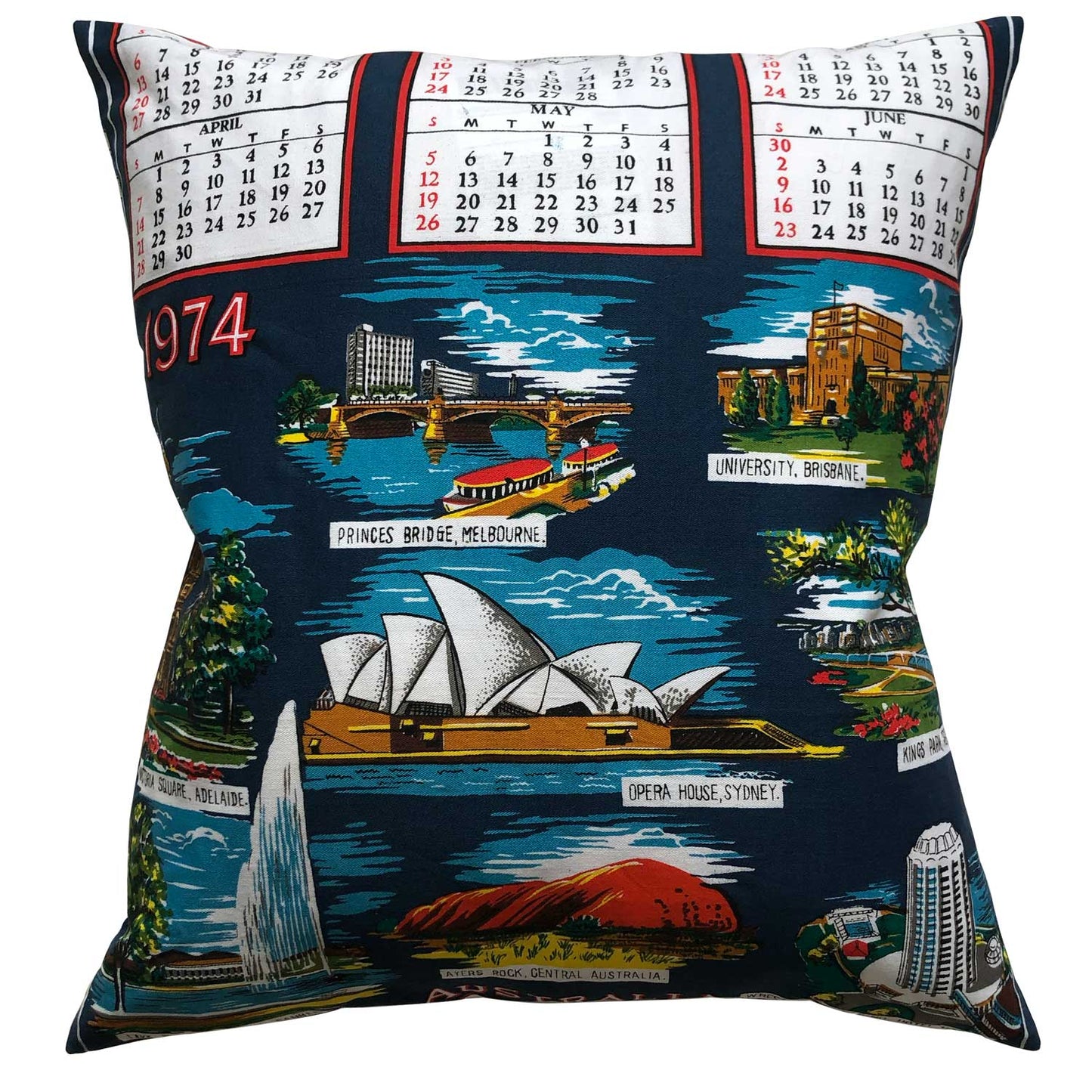 1974 vintage teatowel calendar cushion
