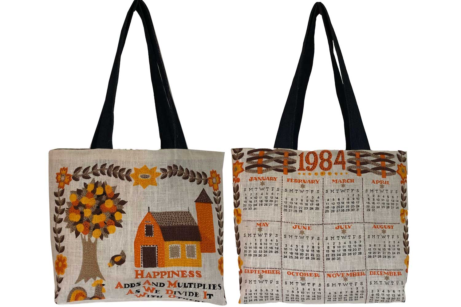 1984 vintage linen teatowel tote bag repurposed into a tote bag