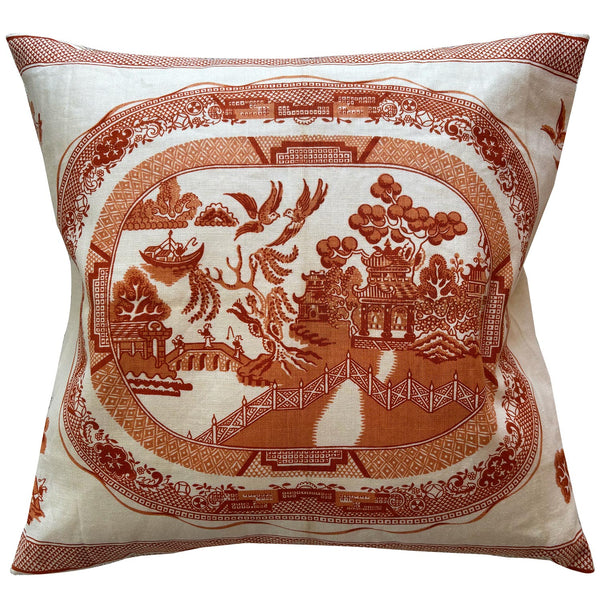 Apricot willow pattern vintage teatowel cushion cover on white background