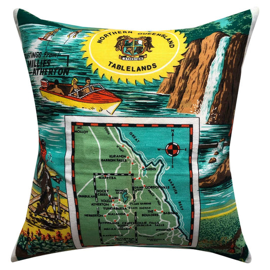 Atherton Tablelands vintage linen teatowel cushion cover on white background
