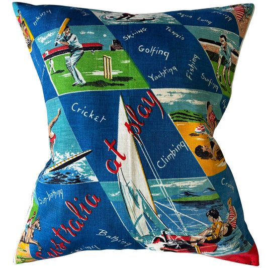 Sporting Australia vintage linen teatowel cushion cover on white background.