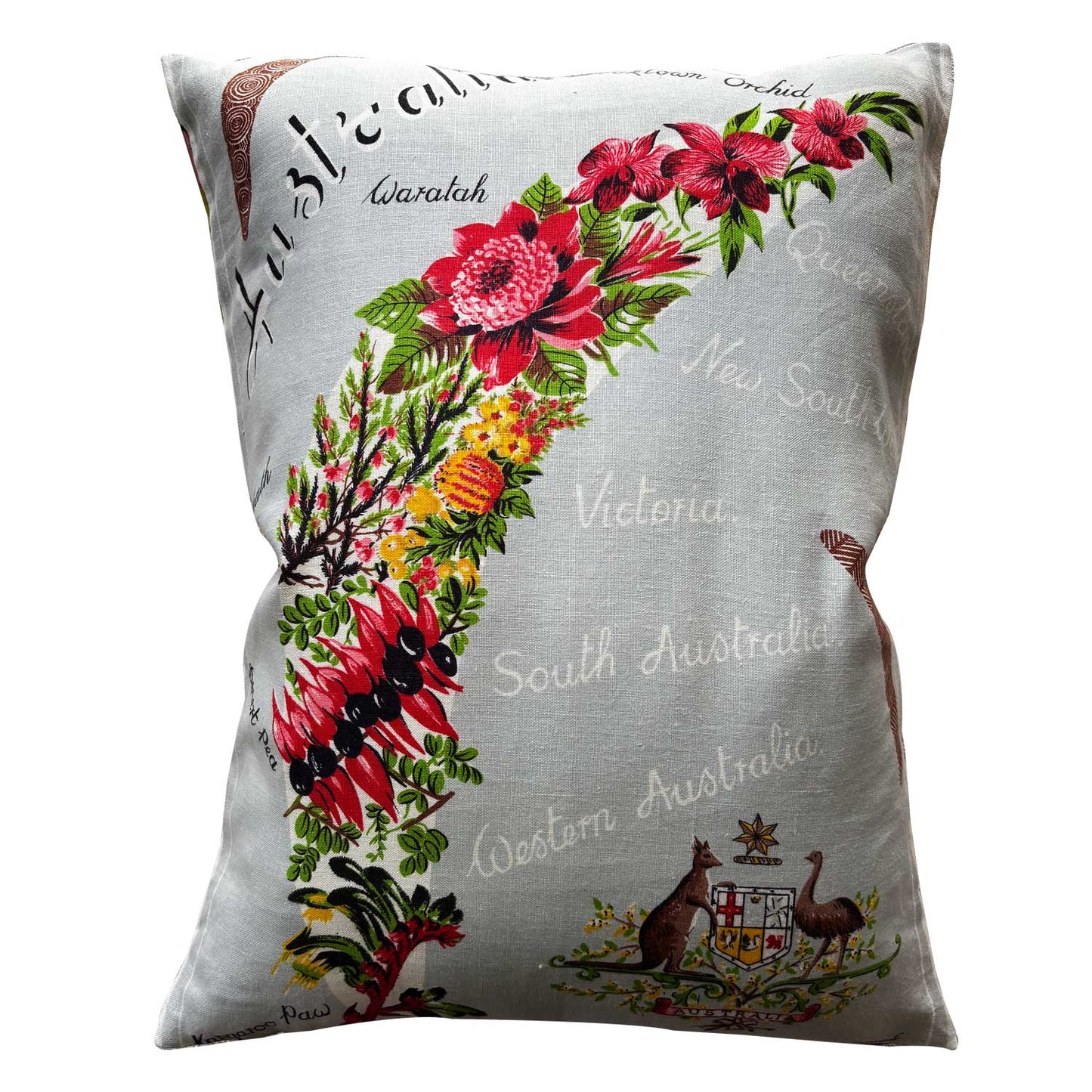 Wildflowers of Australia on silver linen teatowel cushion cover