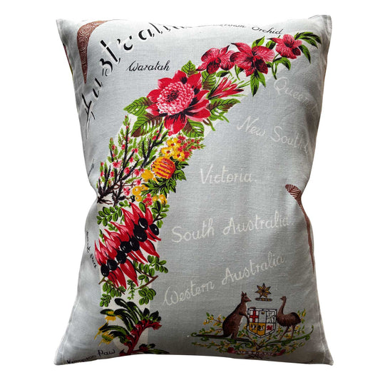 Wildflowers of Australia on silver linen teatowel cushion cover