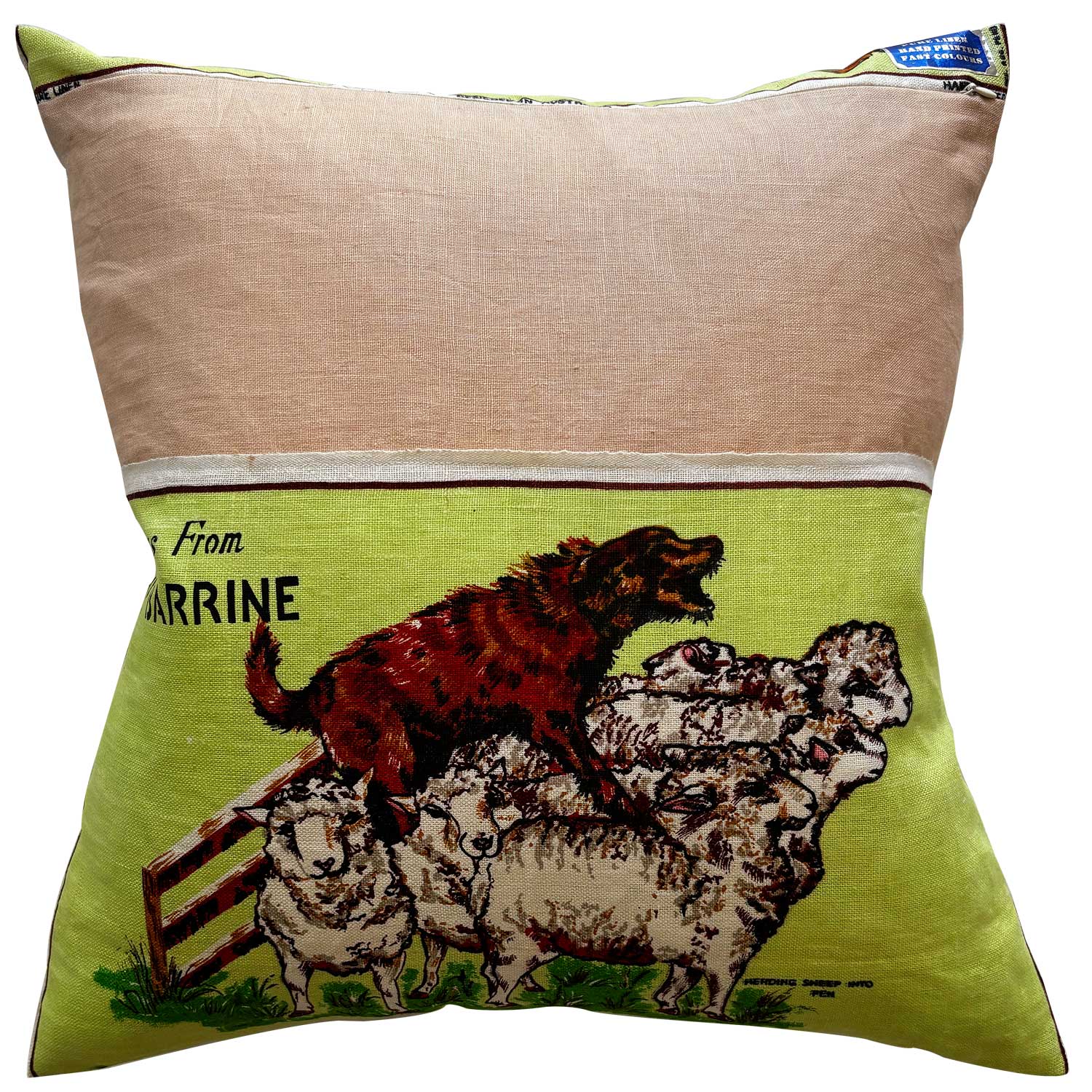 Reverse of sheep dogs and sheep farming vintage teatowel decorative pillow, on a white background