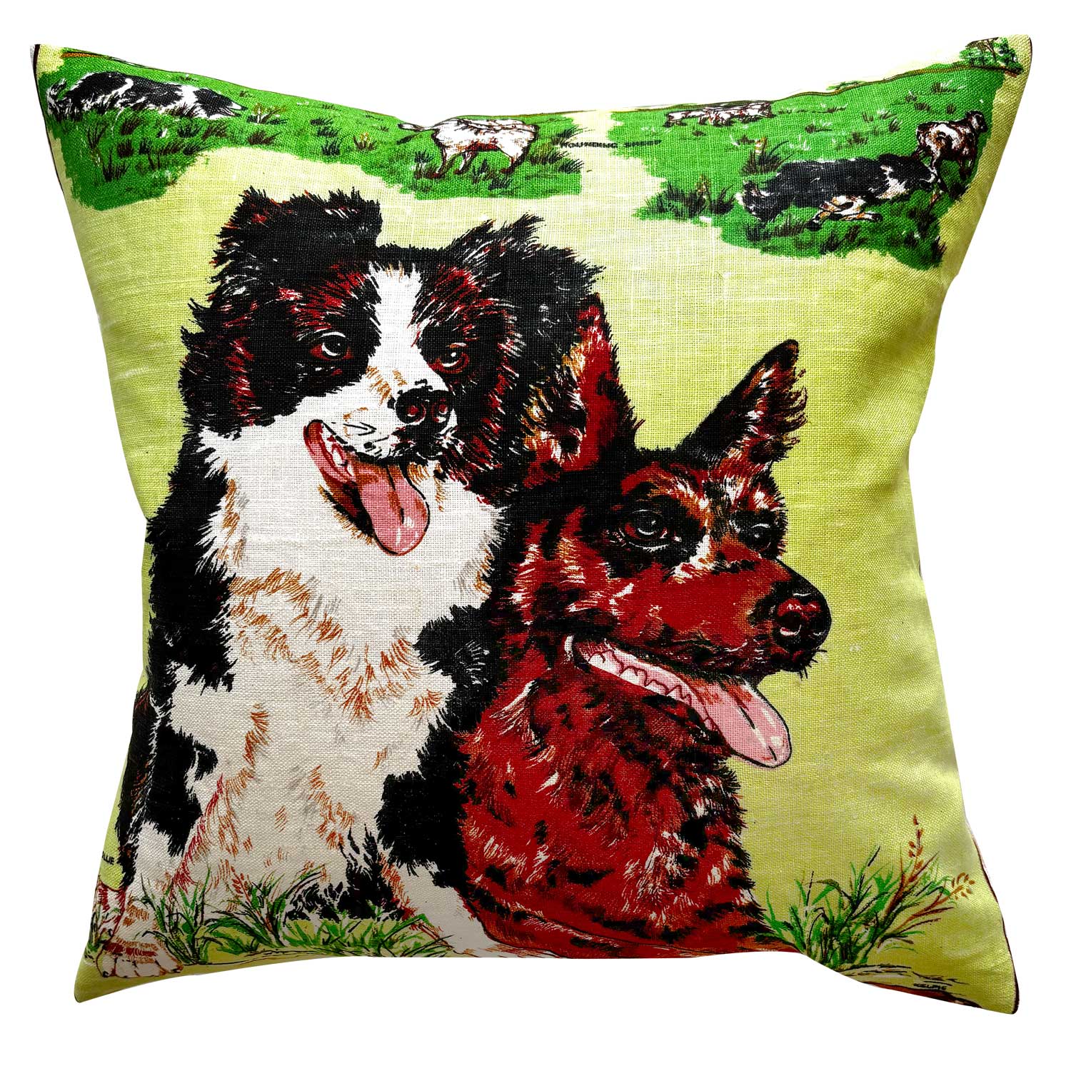 Decorative pillow with two dogs on a green linen teatowel, on a white background