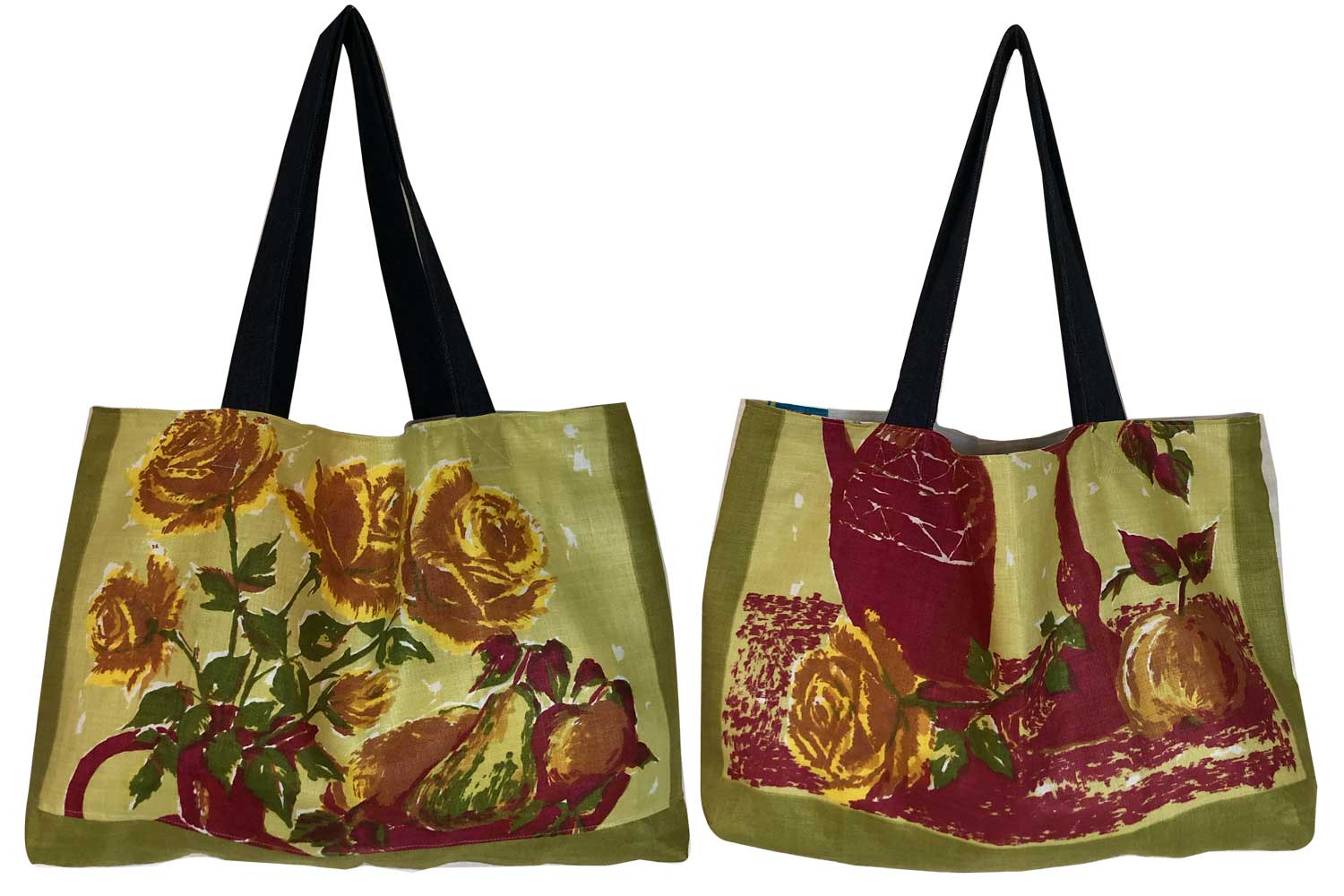 Autumn coloured vintage linen teatowel tote bag