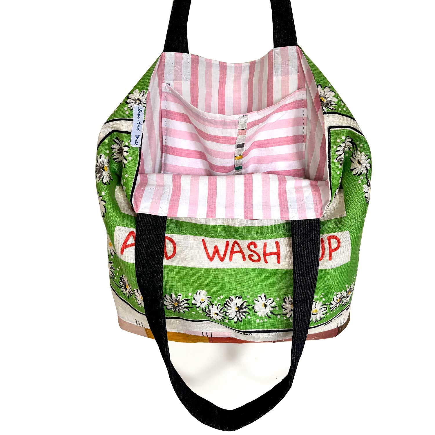 Be a lamb and wash up vintage teatowel tote on white background with lining visible