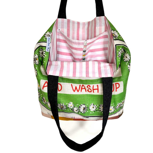 Be a lamb and wash up vintage teatowel tote on white background with lining visible