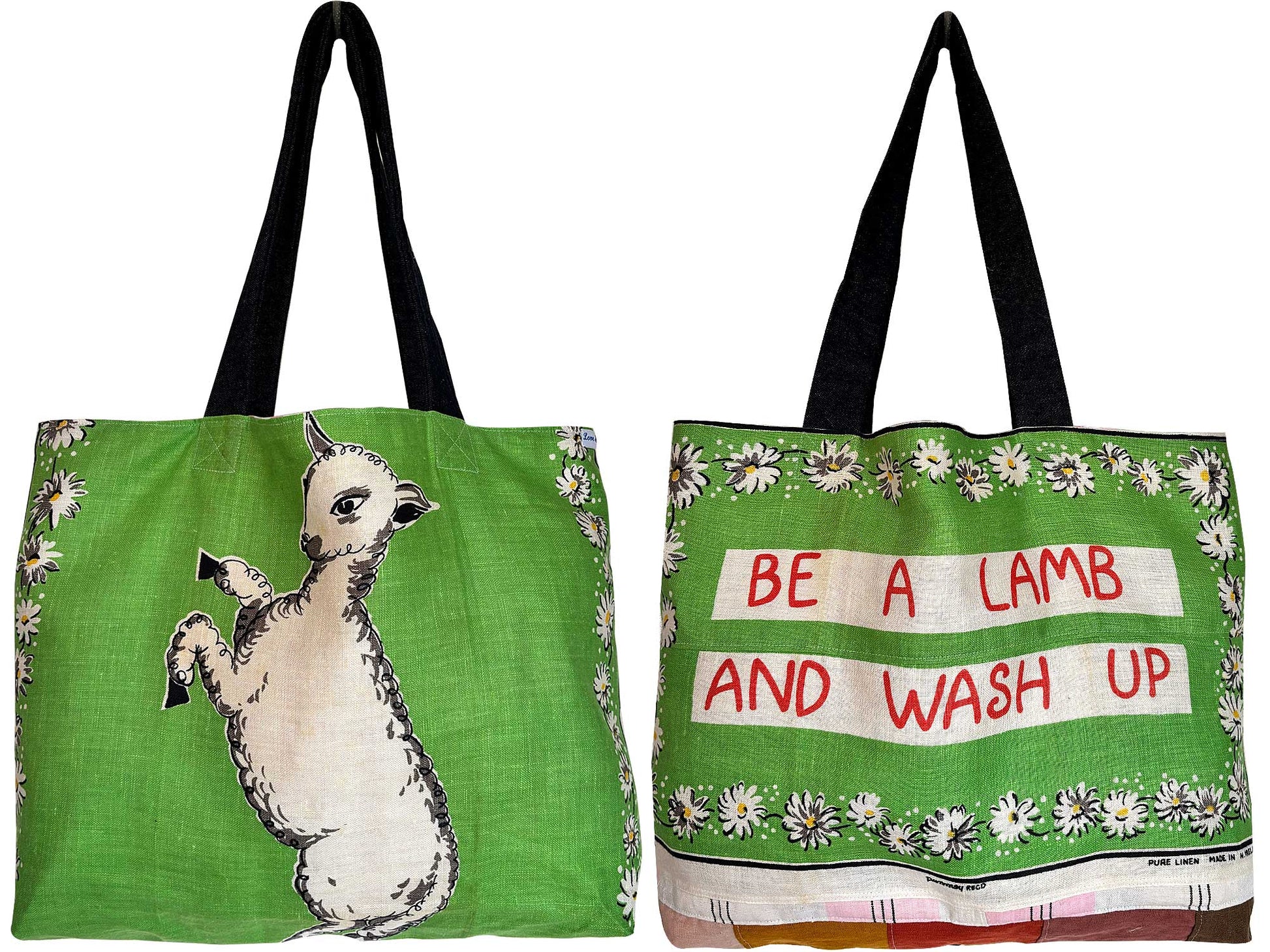Be a lamb and wash up vintage teatowel tote on white background