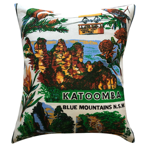 Blue mountains souvenir teatowel cushion cover on white background 