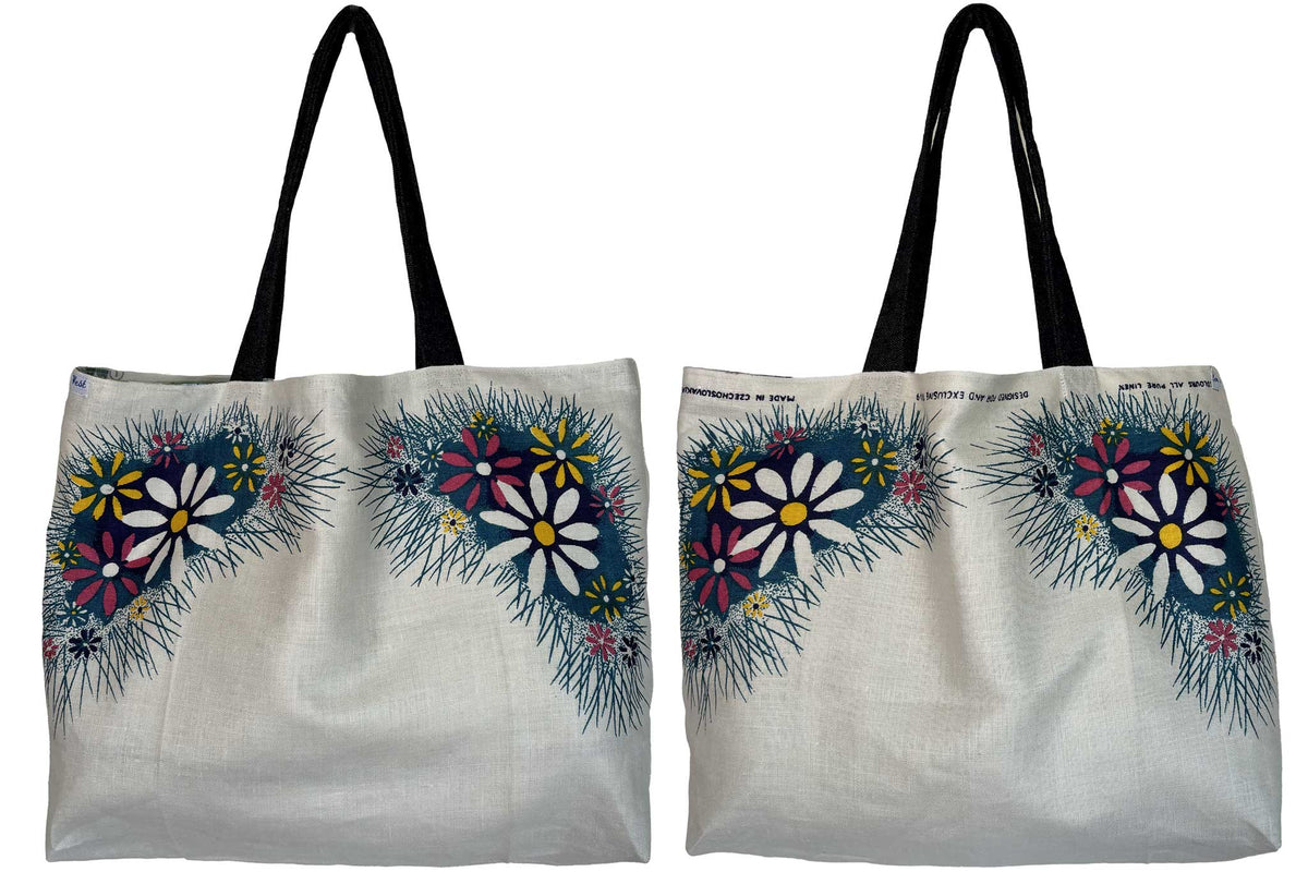 Blue floral vintage linen teatowel tote on white background