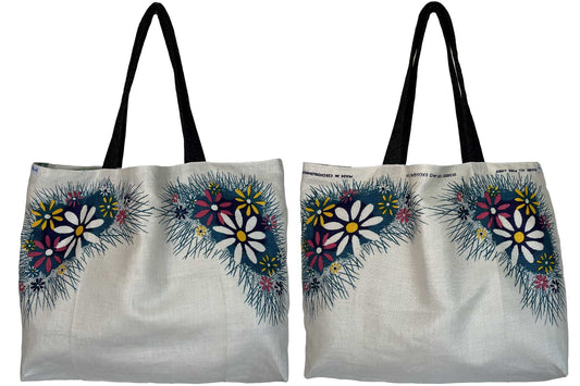 Blue floral vintage linen teatowel tote on white background