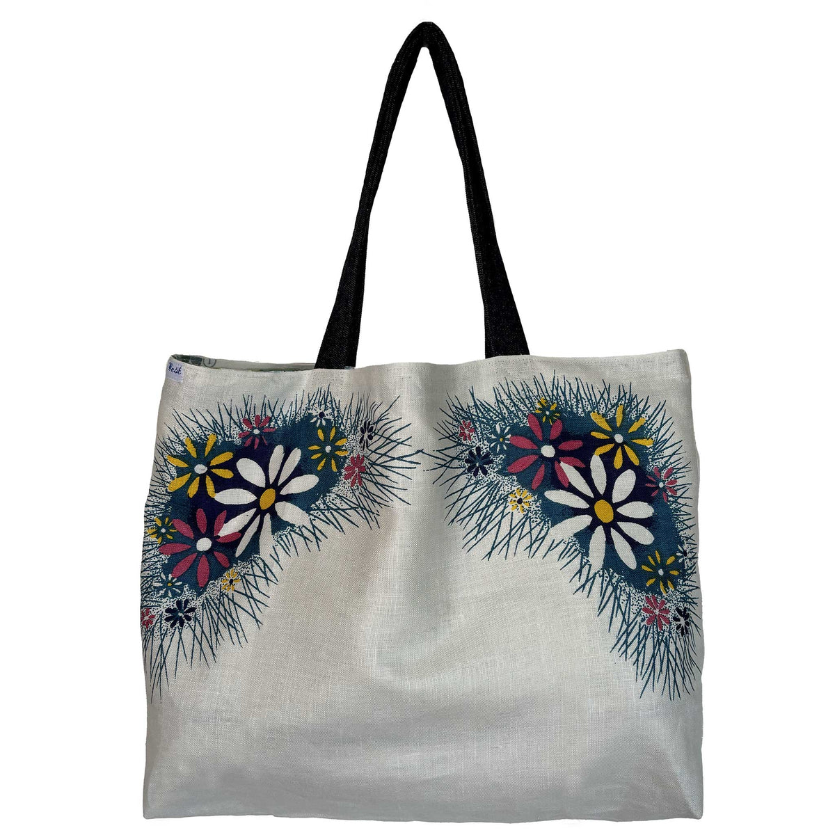Blue floral vintage linen teatowel tote on white background