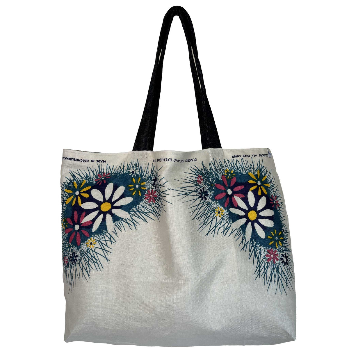 Blue floral vintage linen teatowel tote on white background