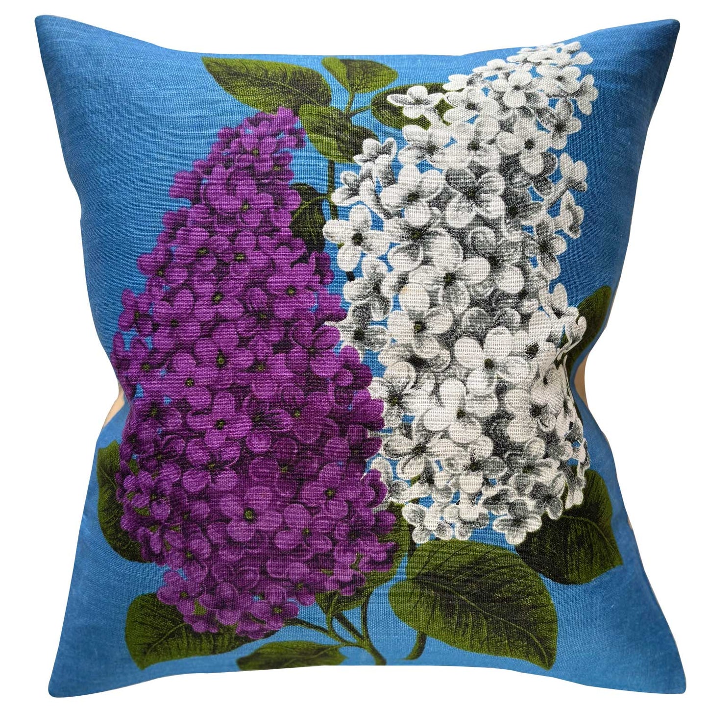 Hydrangea blooms on royal blue vintage teatowel cushion cover