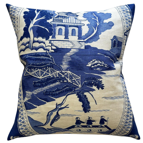 Willow pattern vintage teatowel cushion cover on white background