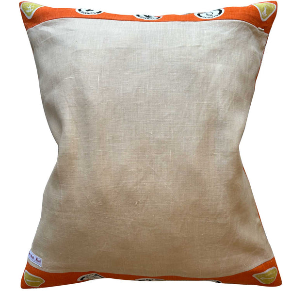 Boy Scouts of Australia vintage linen teatowel cushion cover, blush pink linen reverse, on white background