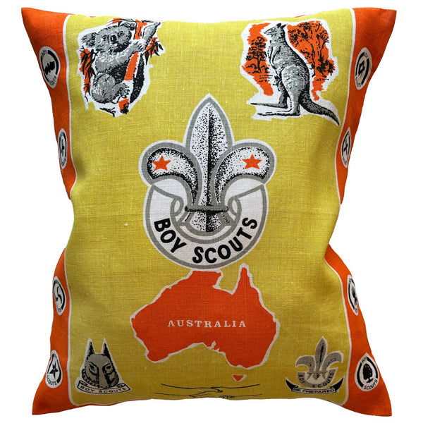 Boy Scouts of Australia vintage linen teatowel cushion cover on white background