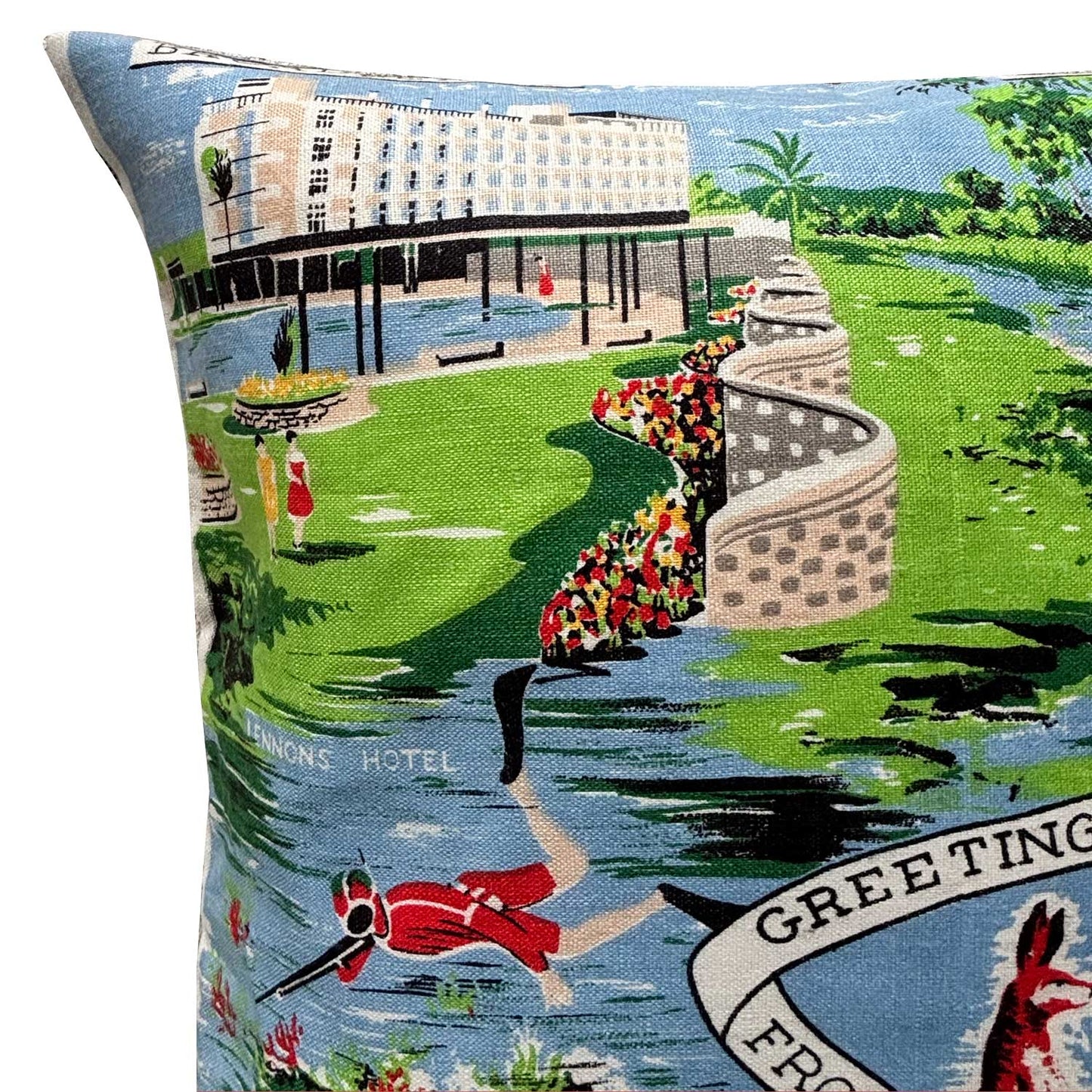 Detail from Decorative repurposed vintage linen teatowel cushion cover, with a kangaroo design and scenic text, featuring a colourful illustrations of gold coast scenes, on white background.